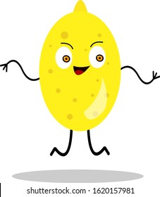 Lemon active and shiny cartoon character jumping on a white background concept of vitamins and fruits