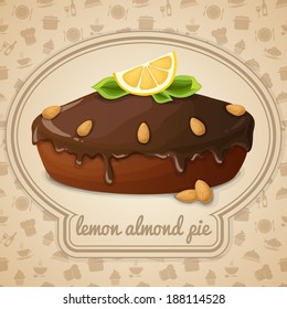 Lemon almond pie dessert with chocolate syrup emblem and food cooking icons on background vector illustration