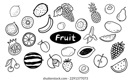 Lemon, apple and banana doodle illustrations. Outline cute fruits