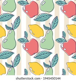 Lemon, apple, leaf and pear vector line art seamless pattern for textile prints, cards, design. Line art style fruit vector. Fruit pattern with seamless background illustration. 