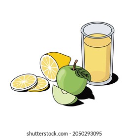 Lemon and apple, lemonade. Vector 3d sketch line isometric, color icon illustration, flat style. Creative design idea and elements for infographics and website.