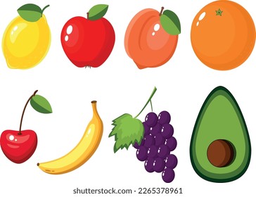 Lemon, apple, peach, orange, cherry, banana, grape, avocado