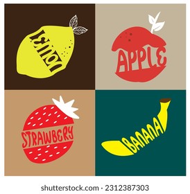 lemon, apple, strawbery, banana fruits set  