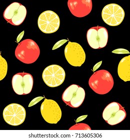 Lemon and Apple, vector fruit seamless pattern perfect for wrap paper, wallpaper, background, shop material, restauran material