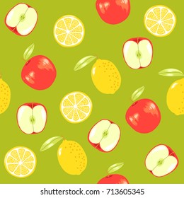 Lemon and Apple, vector fruit seamless pattern perfect for wrap paper, wallpaper, background, shop material, restauran material