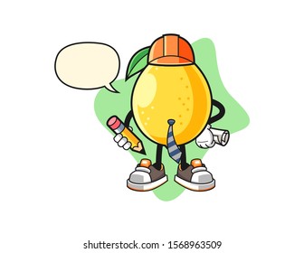 Lemon architect with speech bubble cartoon. Mascot Character vector.