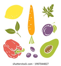 Lemon, avocado, carrot, bell pepper, plum. Colorful paper cut collection of vegetables, fruits and berries isolated on white background. Doodle hand drawn icons. Vector illustration