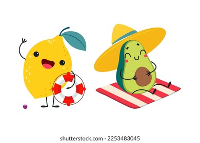 Lemon and Avocado as Summer Fruit Character with Rubber Ring and Sunbathing Vector Set