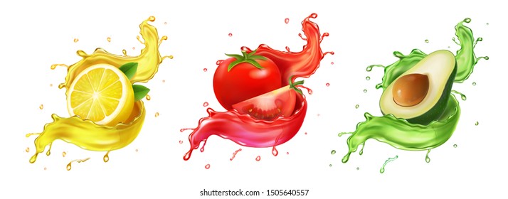 Lemon, avocado, tomato juice set. Realistic fruits and splashes collection vector.