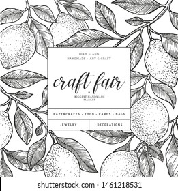 Lemon backgrond design template. Engraved  botanical style illustration. Vector illustration