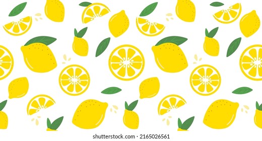 Lemon background. Colorful summer seamless pattern with hand drawn lemons and leaves. Lemon slices simple flat style vector illustration