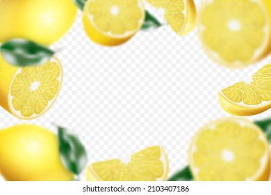 Fondo de limón. Limón desenfocante volando con hoja verde sobre fondo transparente. Frutos realistas 3D. Limón cayendo desde diferentes ángulos. Ilustración de vectores aislados