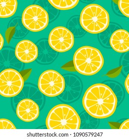 Lemon background. Fresh tropic fruit pattern on green background. Vector illustration.