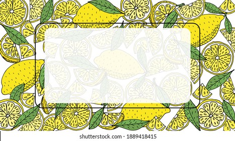 Lemon background with place for text. Hand drawn of yellow lemon fruit with leaves. Vector illustration.