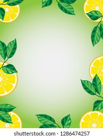Lemon background with place for text. Slices of yellow lemon with leaves along the edges of the background. Vector illustration