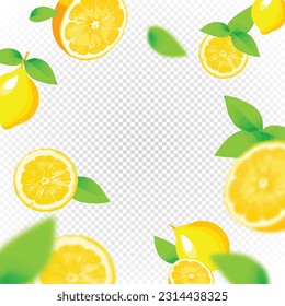 Lemon background. Realistic lemon fruit with slice and green leaves falling on transparent background.