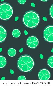 El fondo de limón no tiene inconvenientes. Los limones de lechuga brillantes se cortan en mitades de diferentes tamaños sobre un fondo oscuro con granos de lechuga dispersos. Patrón para textiles, prendas de vestir, almohadas, papel de envoltura.