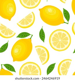 Lemon background. Seamless pattern with yellow citrus fruits with green leaf on white background. Vector cartoon flat illustration.