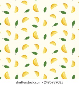 Lemon background. Seamless pattern with yellow citrus fruit and green leaf on beige background. Vector illustration.