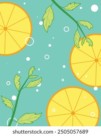 Fondo de limón y un tallo y hojas, así como burbujas blancas y un fondo azul