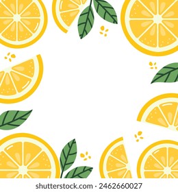 Lemon Background Vector Illustration. Cute Colorful Summer Fruit Frame with Leaves.