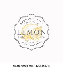 Lemon Badge or Logo Template. Hand Drawn Lemons with Leaves Sketch with Retro Typography and Borders. Vintage Premium Emblem. Isolated.