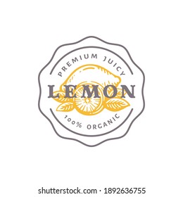 Lemon Badge or Logo Template. Hand Drawn Lemons with Leaves Sketch with Retro Typography and Borders