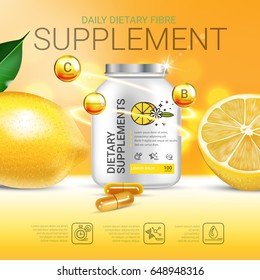 Lemon Balm Dietary Supplement Ads. Vector Illustration With Lemon Supplement Contained In Bottle And Lemon Elements. Poster.