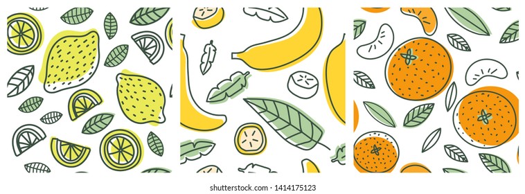 Lemon, banana and orange. Fruit seamless pattern set. Fashion design. Food print for clothes, linens or curtain. Hand drawn vector sketch. Exotic background collection