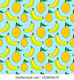 Lemon and banana seamless pattern  with blue background