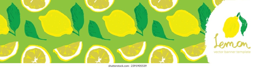 Lemon banner template with vector color lemon seamless pattern. Citrus fruit backdrop on pink background. Hand drawn lemons illustration. Lemon emblem with green leaves. Botanical fabric pattern.