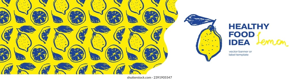 Lemon-Banner-Vorlage mit Vektorfarben-Zitronenmuster nahtlos. Zitrusfrüchte-Hintergrund auf rosafarbenem Hintergrund. Illustration von handgezeichneten Zitronen. Zitronenemblem mit grünen Blättern. Botanisches Stoffmuster.