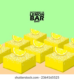 Lemon Bar cakes topped with lemon slices on table, with bold text on light green background to celebrate National Lemon Bar Day on October 15
