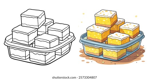 Lemon Bar Line Art Vector Illustration Black and White with Coloring Sample. Bold and Easy Food, Sweets, Drinks, Dessert, and Snacks Coloring Pages for Adults and Kids.