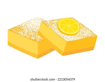 Lemon Bar Shortbread Sweet Yellow Pastry Icon Vector. Slice Of Fresh Lemon Cake Icon Vector Isolated On A White Background. Lemon Pie With Powdered Sugar On Top Drawing