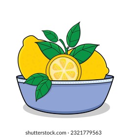 lemon. lemon in basket cartoon icon vector design illustration wallpaper.lemon with leaf. yellow lemon with leaf and flower in basket 