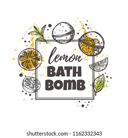 Lemon bath bomb concept design. Hand drawn vector illustration. Can be used for organic shop, heathcare, spa, aromatherapy, handmade cosmetic, logo, sticker, label, gift, icon.