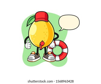 Lemon beach lifeguard with speech bubble cartoon. Mascot Character vector.
