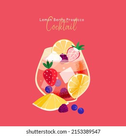 Lemon berry prosecco cocktail isolated on pink background. Vector illustration of spring alcohol cocktail drink with ice cubes. Summer cocktail aperitif with lemon, strawberry and blackberry