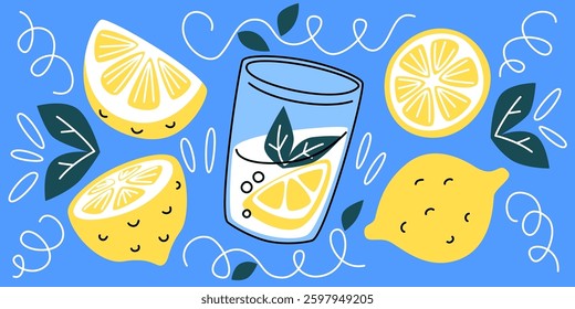 Lemon beverage doodle set - cartoon glass of lemonade, cute citrus fruit slices, whole and halved with green leaves. Hand drawn summer drink. Fresh cool vitamin water with mint illustration collection