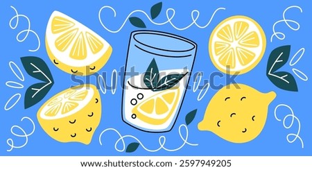 Lemon beverage doodle set - cartoon glass of lemonade, cute citrus fruit slices, whole and halved with green leaves. Hand drawn summer drink. Fresh cool vitamin water with mint illustration collection