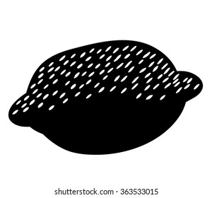 Lemon black ink silhouette - vector illustration of a lemon or lime, hand drawn in primitive folk art, retro comic style. As simple citrus symbol, fresh food sign, label, sticker, design element.