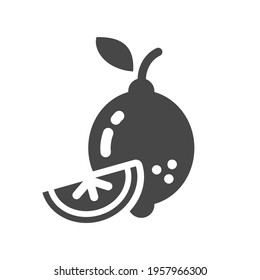 Lemon black vector icon. Simple fruit symbol with leaf.