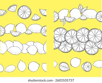 lemon black and white seamless border set, fruit frame, citrus exotic element for design, space for text, lemonade. Vector graphic line ink seamless horizontal border set. Ideal for menu, package

