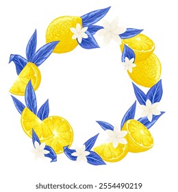 Lemon with blue leaves on a white background. Circle frame with an empty text place. Banner, poster, wrapping paper, sticker, print, 60s retro design. Vector hand drawn illustration.