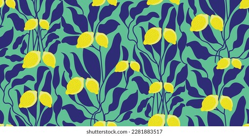 Lemon with blue leaves seamless repeat pattern vector illustration. Contemporary design for fabric, accessories, decorative and backgrounds. trendy blue and yellow nature print