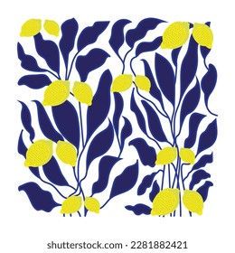 Lemon with blue leaves vector illustration. Contemporary design for fabric, accessories, decorative and backgrounds. trendy blue and yellow nature print