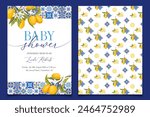 Lemon Blue Tile Baby Shower Invitation Template, Mediterranean Amalfi Coast Baby Shower Invitation. Italian theme Tuscan beach party, Coastal Baby. Vector illustration. 