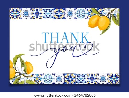 Lemon Blue Tiles Mediterranean Thank You Card. Perfect for invitations, cards with gratitude, decoration for presents and drinks. Italian theme beach party. Vector illustration.