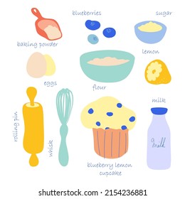 Lemon Blueberry Cupcake Recipe Vector Pattern. Ingredients List. Cookbook Design.